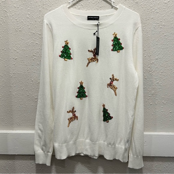 Victoria Harbour Sequin Reindeer and Christmas Trees Christmas Sweater NWT L - Picture 1 of 6